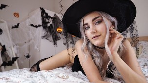 Cute horny witch gets facial and swallows cum – Eva Elfie