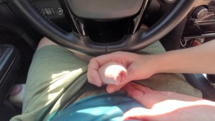 Edging slow handjob in public car cumshot